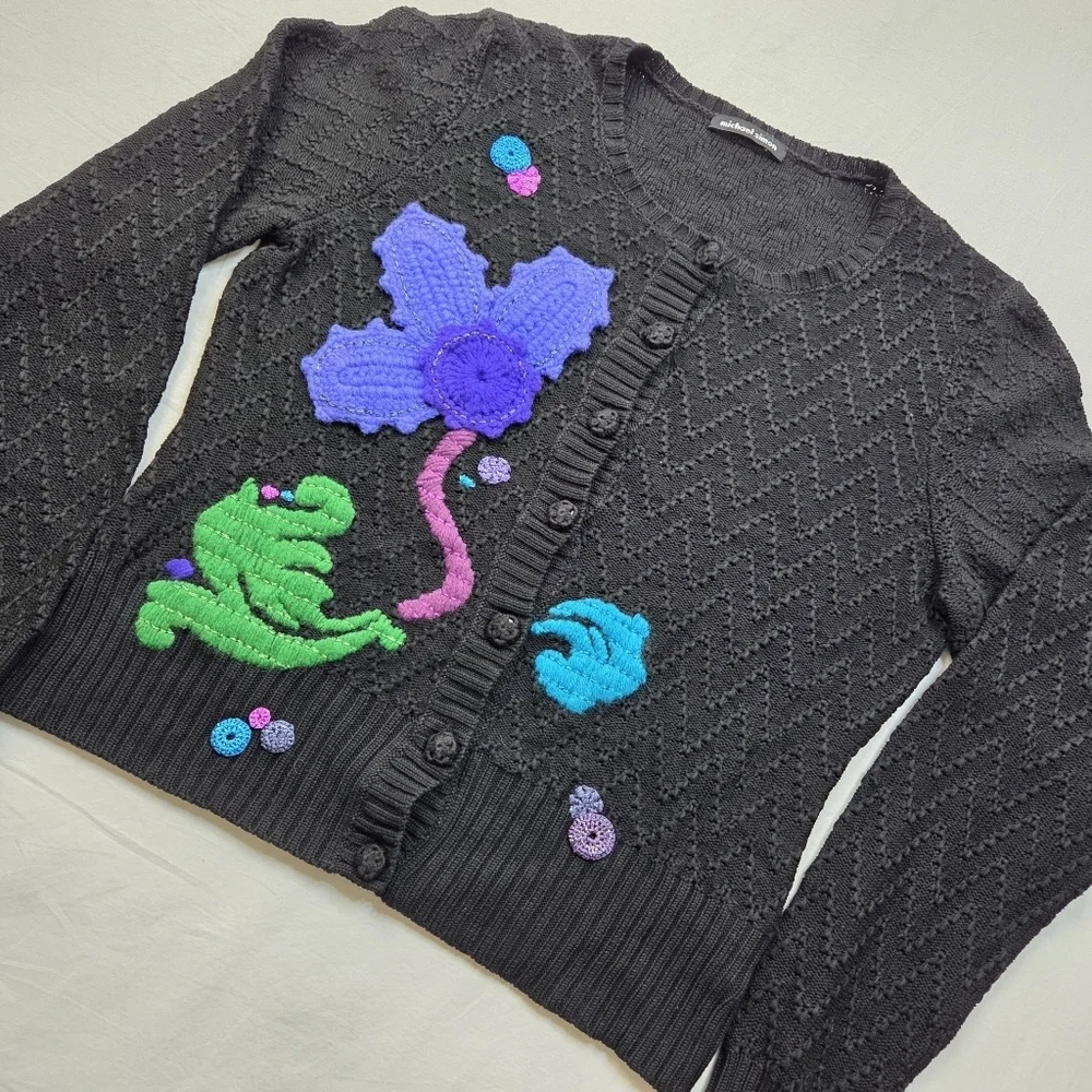 Vintage Michael Simon Embellished Knit‎ Cardigan Black Floral Applique Sweater L